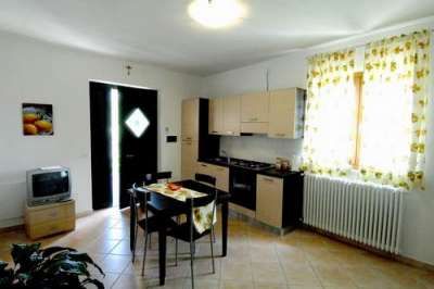 Cucina aperta con tavolo, sedie e una piccola TV. Decorazioni floreali alle finestre.