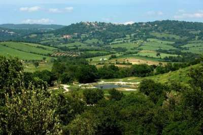 Colline verdi e campi con cielo sereno in lontananza.