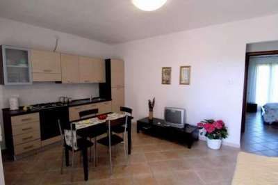 Cucina moderna con tavolo e sedie, televisore e pianta in vaso.