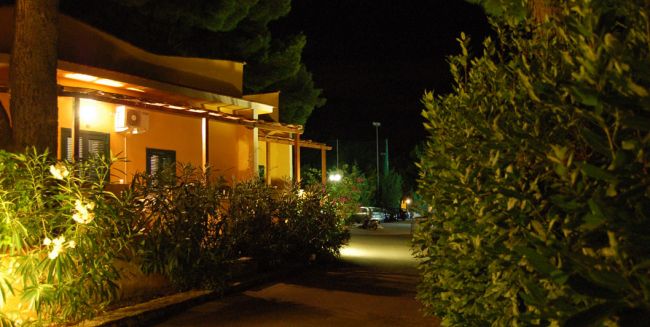Strada esterna di notte con piante e illuminazione su edifici arancioni.
