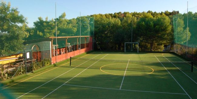 Un campo sportivo all'aperto con reti, circondato da alberi e una recinzione.