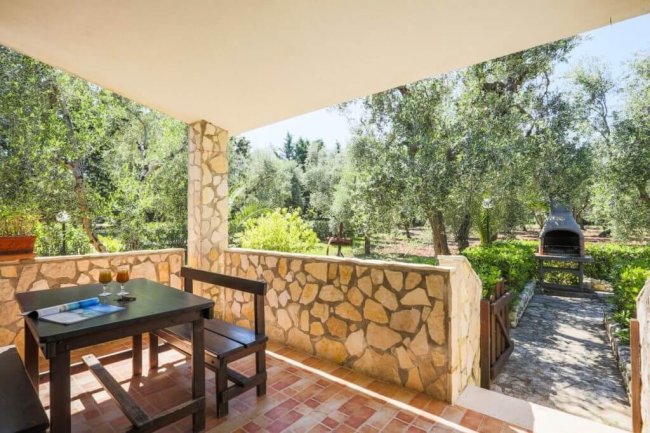 Terrazza con tavolo e vista su un giardino d'ulivi.
