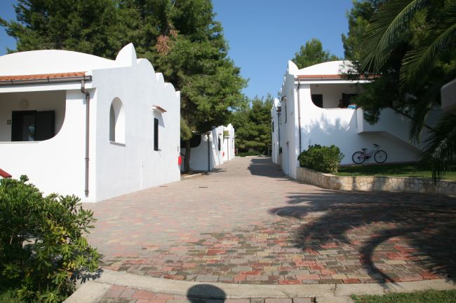 Viale di un villaggio turistico con edifici bianchi e vegetazione.