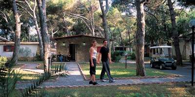 Due persone camminano su un sentiero tra alberi in un'area verde con case e una golf cart.