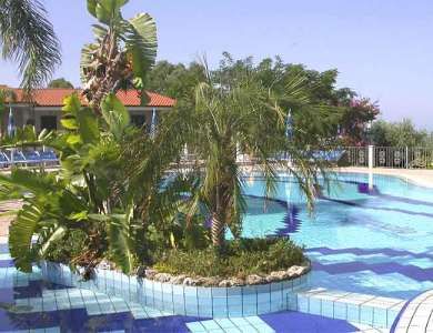 Piscina decorata con piante tropicali e mosaico a scacchi blu.