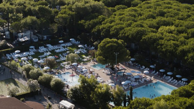 Complesso di piscine e lettini immerso nella vegetazione.