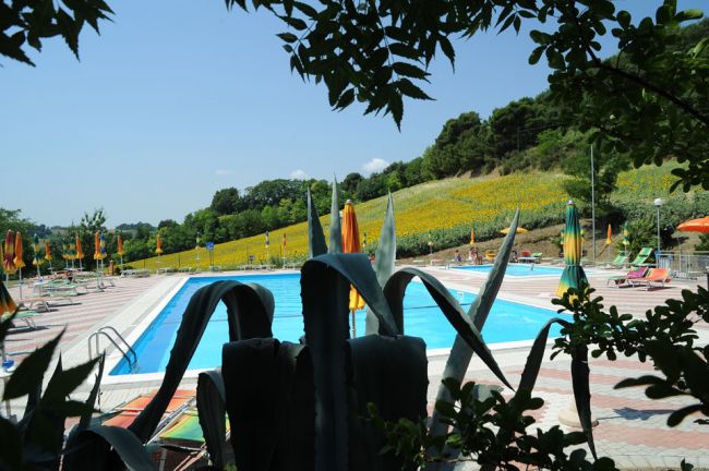 Piscina con vista su colline e ombrelloni.