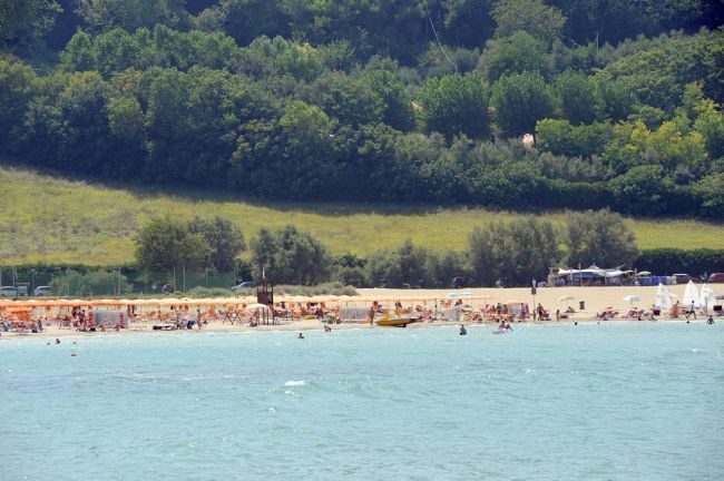 Spiaggia affollata con ombrelloni e vegetazione.