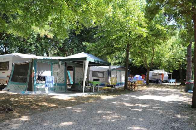 Tende e roulotte tra gli alberi in un campeggio verde e ombreggiato.