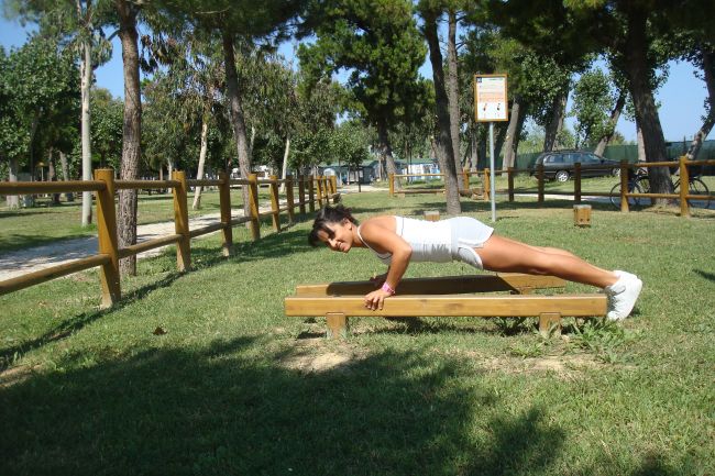 Persona fa esercizi su una panchina in un parco alberato.