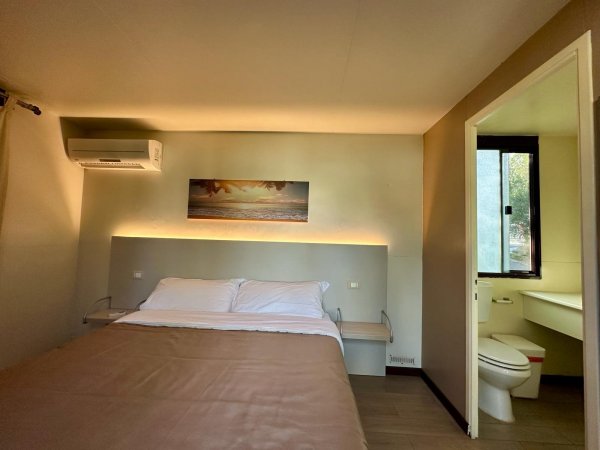 Camera con letto matrimoniale, aria condizionata e bagno.