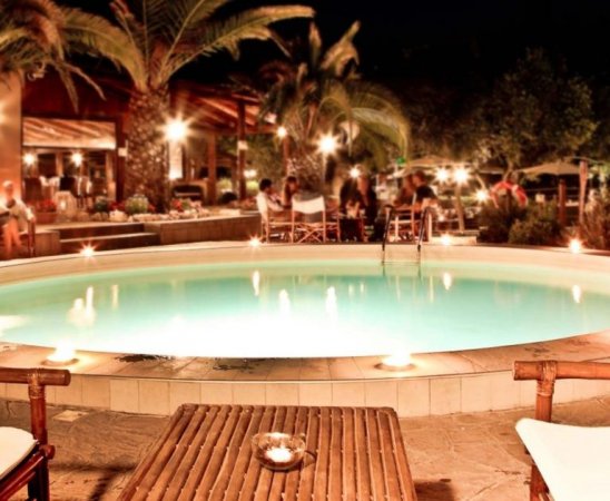 Piscina circolare illuminata di notte con palme intorno.