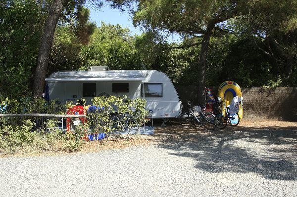 Una roulotte parcheggiata con bici accanto, circondata da alberi.