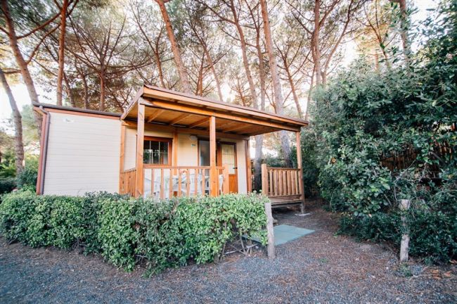 Bungalow in legno con veranda circondato da alberi.