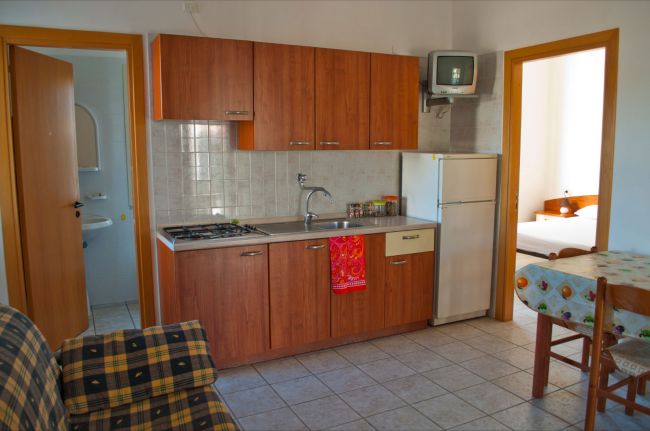 Cucina con mobili in legno, frigorifero, TV e accesso a bagno e camera.