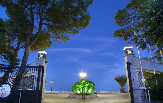 Un cancello con lampioni e alberi, cielo blu al tramonto.
