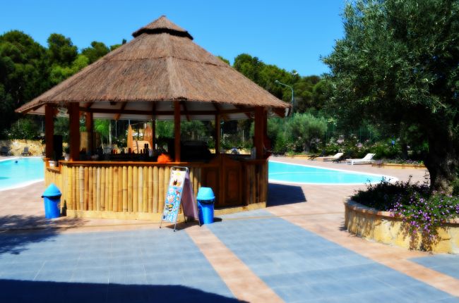 Chiosco in paglia vicino a una piscina, con bidoni blu.
