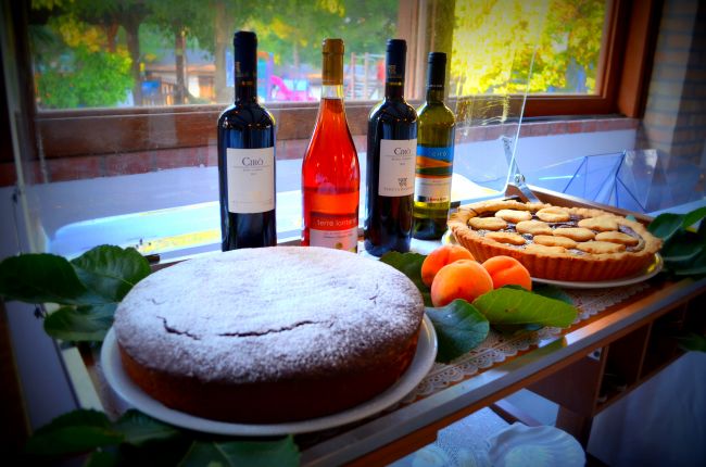 Tavolo con torte, frutta e bottiglie di vino.