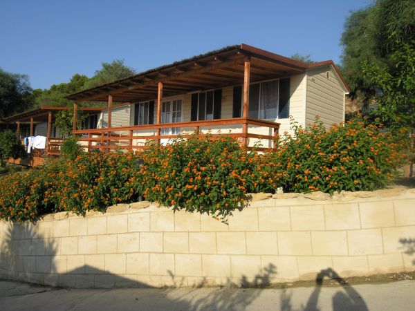 Chalet con fiori arancioni e veranda in legno.