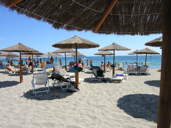Spiaggia con ombrelloni di paglia e lettini.
