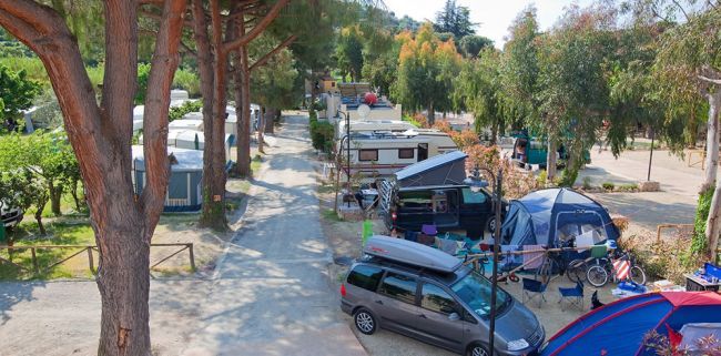 Campeggio con roulotte, tende e auto tra gli alberi.