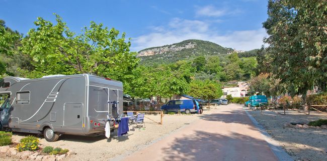 Un camper parcheggiato vicino ad alberi verdi e una strada sterrata.
