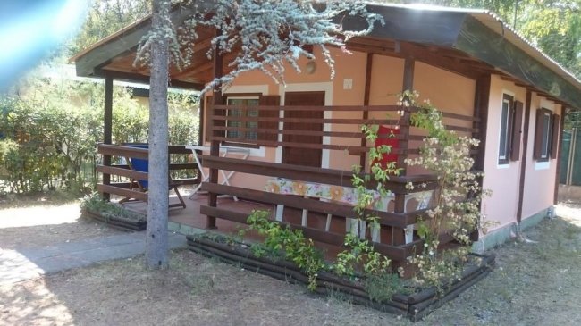 Casetta in legno con veranda e alberi.
