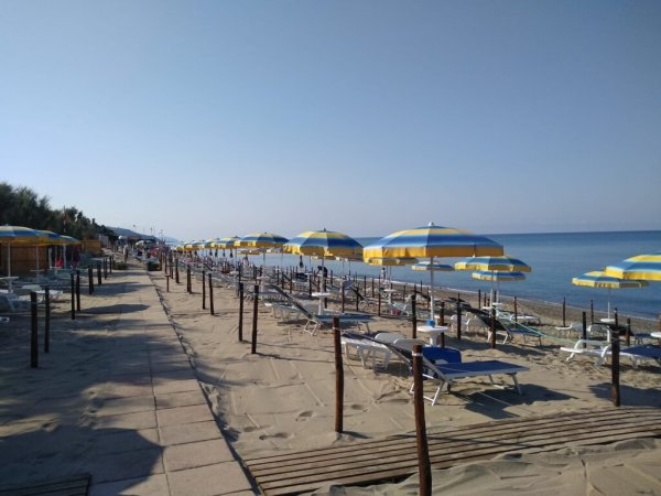 Spiaggia con ombrelloni gialli e blu.