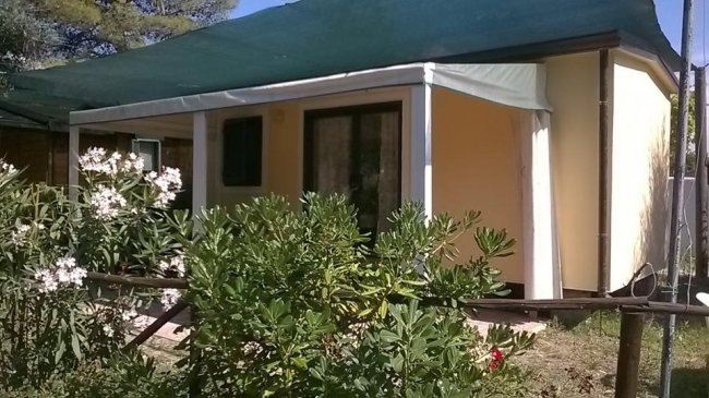 Bungalow giallo con piante verdi e fiori bianchi.