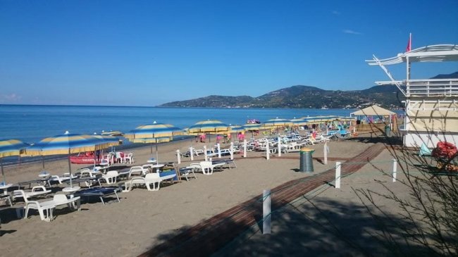 Spiaggia con sdraio e ombrelloni gialli e blu.