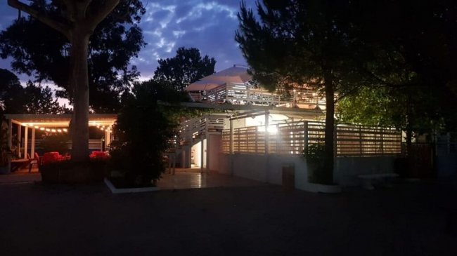 Edificio illuminato di sera tra gli alberi.