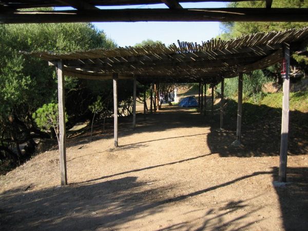 Area con pergolato in legno ombreggiata e terreno terroso, circondata da alberi.