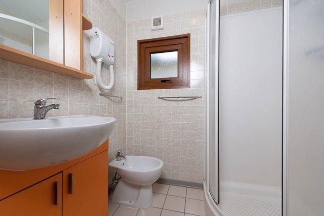 Bagno con doccia, lavandino e bidet.