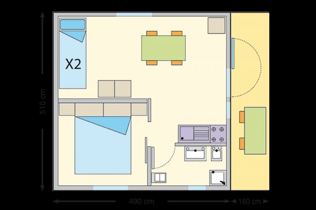 Piantina di camera con letto matrimoniale e singoli.