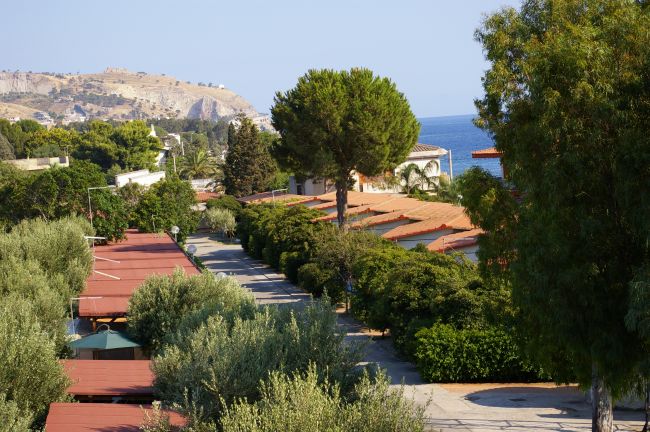 Una strada alberata con edifici e vista su colline e mare.