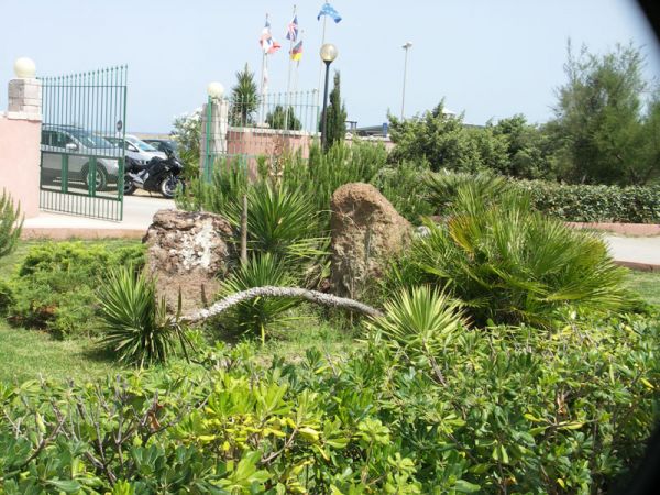 Giardino con piante e cespugli vicino a un cancello verde e bandiere.