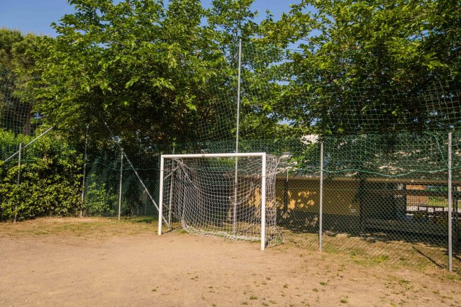 Un campo da calcio con una porta e una rete metallica, circondato da alberi.