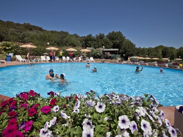 Piscina all'aperto fiorita.