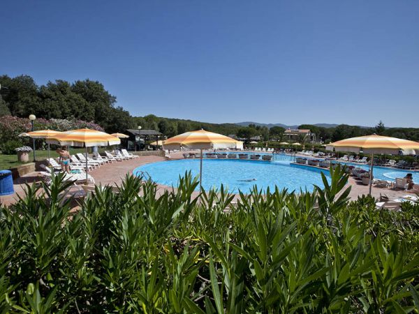 Piscina circondata da ombrelloni gialli e sedie a sdraio, con piante verdi in primo piano.