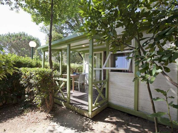 Una piccola veranda di legno verde circondata da alberi.
