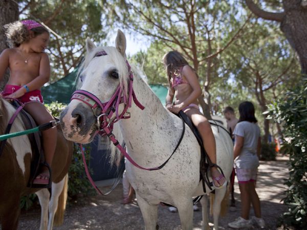 Bambini e cavalli in un'area all'aperto, con alberi sullo sfondo.