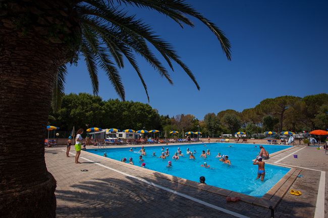 Piscina con persone che nuotano, ombrelloni colorati e palme sullo sfondo.