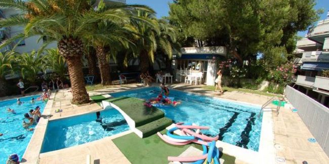 Piccola piscina con area giochi, circondata da palme e arbusti.
