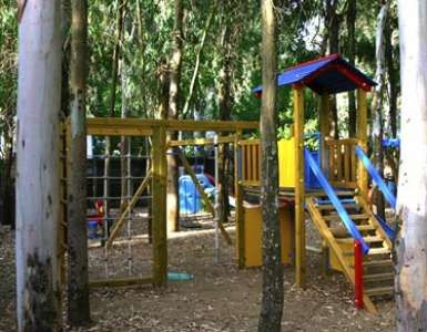 Parco giochi boschivo con scivolo in legno e scalette colorate.
