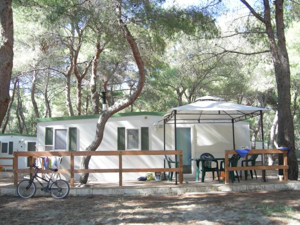 Casa mobile in un bosco con veranda e gazebo.