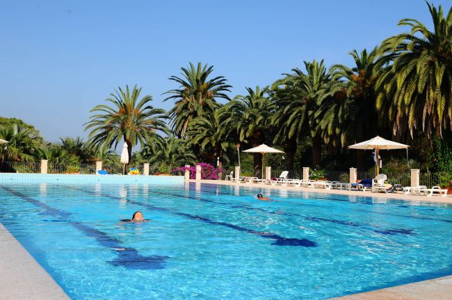 Piscina rettangolare tra palme con persone che nuotano.