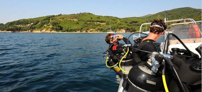Due subacquei con attrezzatura pronti a immergersi da una barca, con una costa verde sullo sfondo.