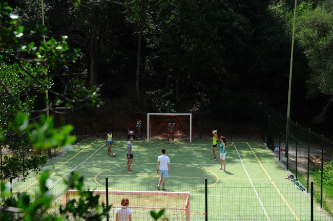 Persone giocano a calcio in un campo all'aperto circondato da alberi.