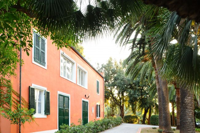 Edificio arancione con persiane verdi e palme circostanti.