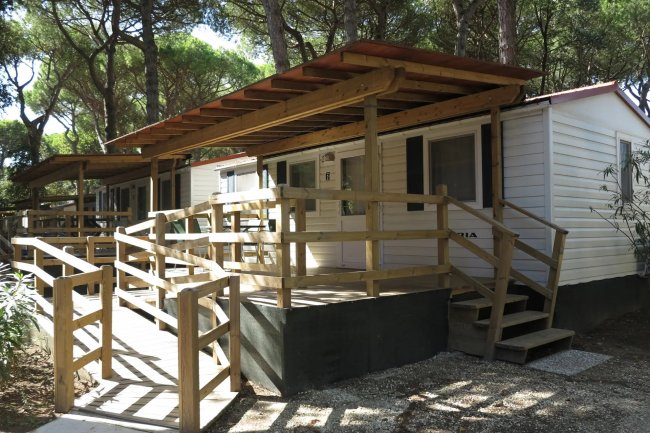 Casa mobile con veranda in legno tra gli alberi.
